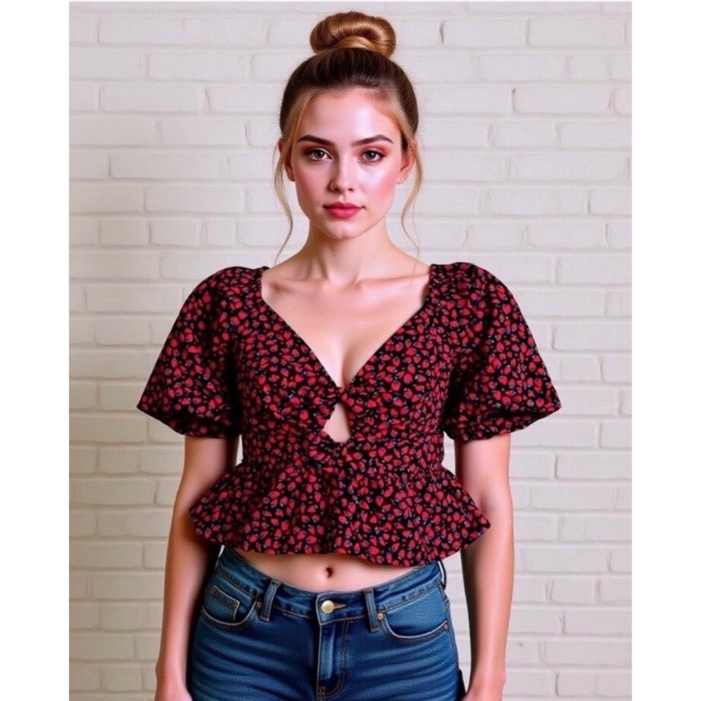 Band of the Free Strawberry Print Peplum Crop Top Red Black V-Neck Smocked Small
